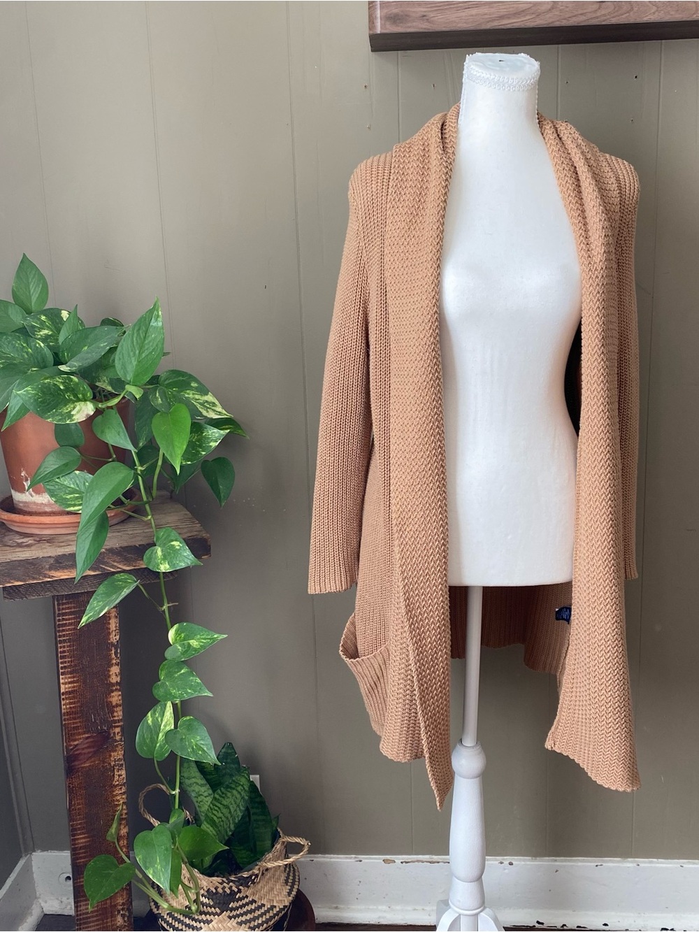 Chaps Open-Front Knit Cardigan in Camel